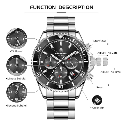 Thumbnail 6 de SAPPHERO Reloj Cronógrafo para Hombre – 42 mm, Acero Inoxidable, 50M, Cuarzo