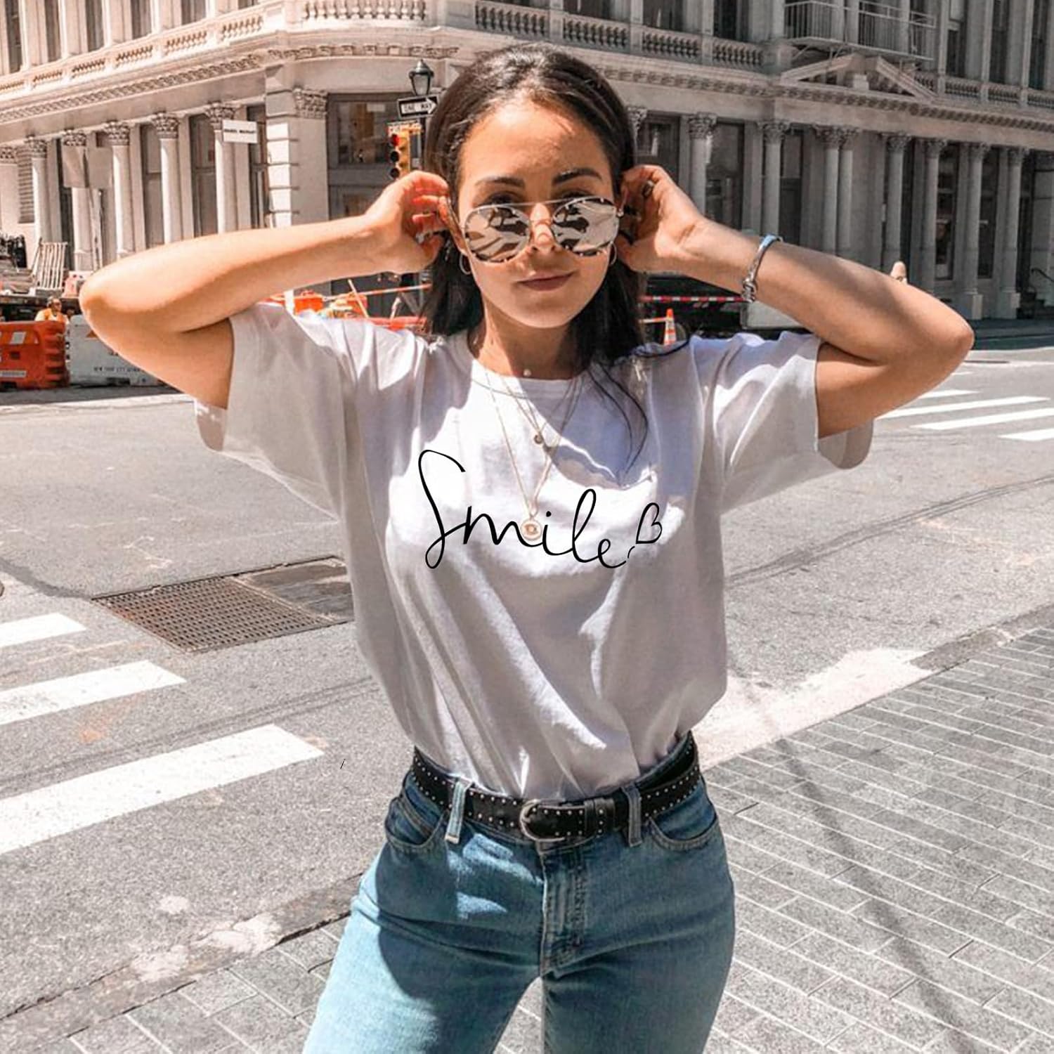 Thumbnail 1 de Tuopuda Damen T-Shirt Sommer Rundhals Kurzarm mit Lächeln-Print – Basic Baumwollshirt, angenehm tragbar