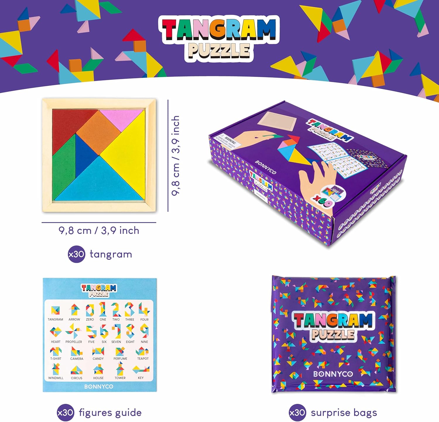 Detalle 2 de BONNYCO Tangram Pack 30 Wooden Puzzles 3.9"