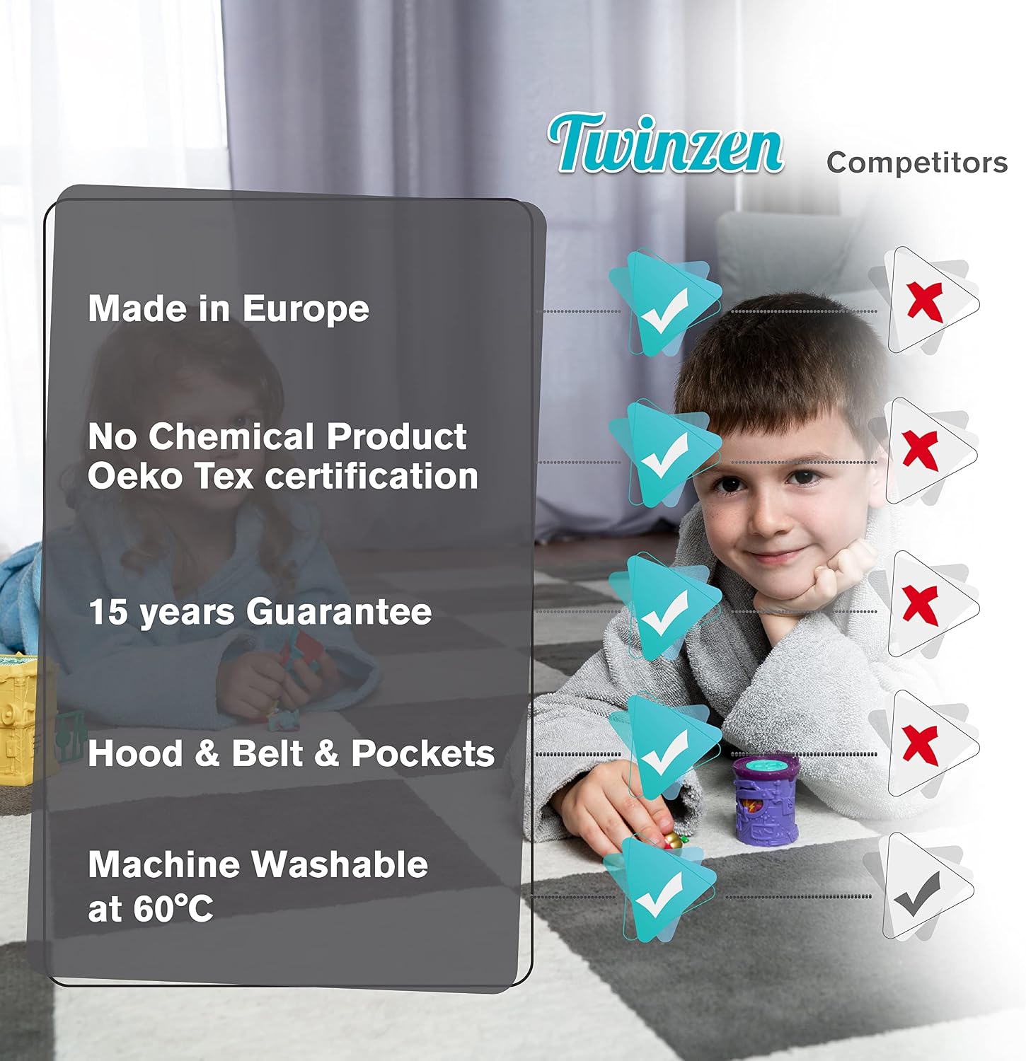Detalle de Twinzen Kinderbademantel aus 100% Baumwolle mit Kapuze und Ohren (OEKO‑TEX®) – für Mädchen oder Jungen