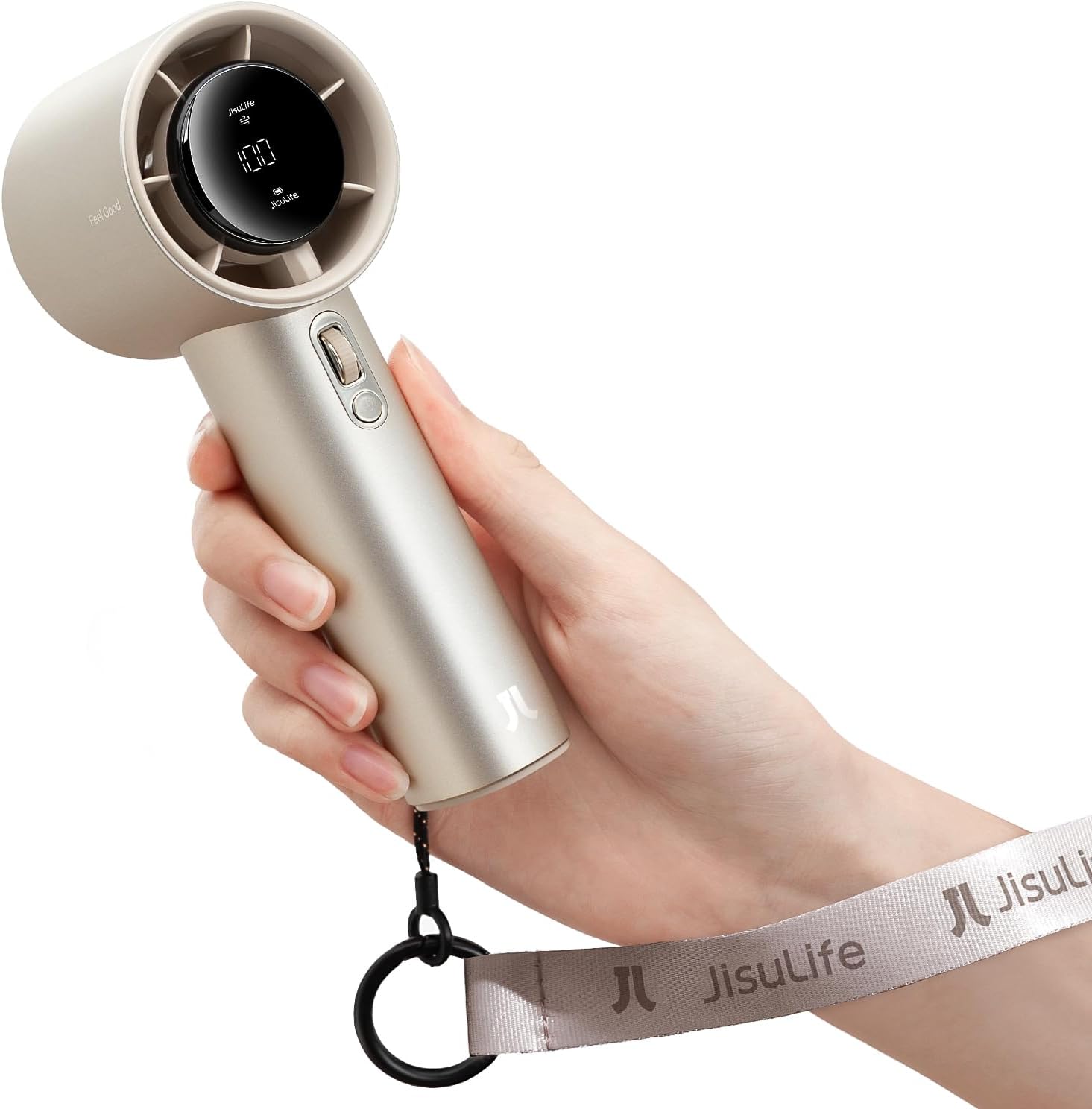 Detalle de JISULIFE Ventilatore Portatile a Mano FA53 — Mini Turbo con Display, 5000 mAh, velocità 1–100 e corpo in metallo