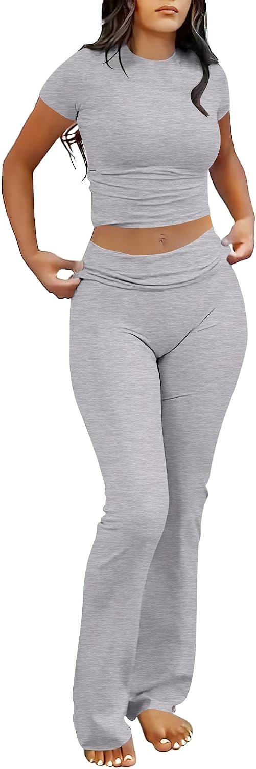 Detalle de ANRABESS 2 Piece Lounge Set for Women — Cropped Top & Fold-Over Flare Leggings