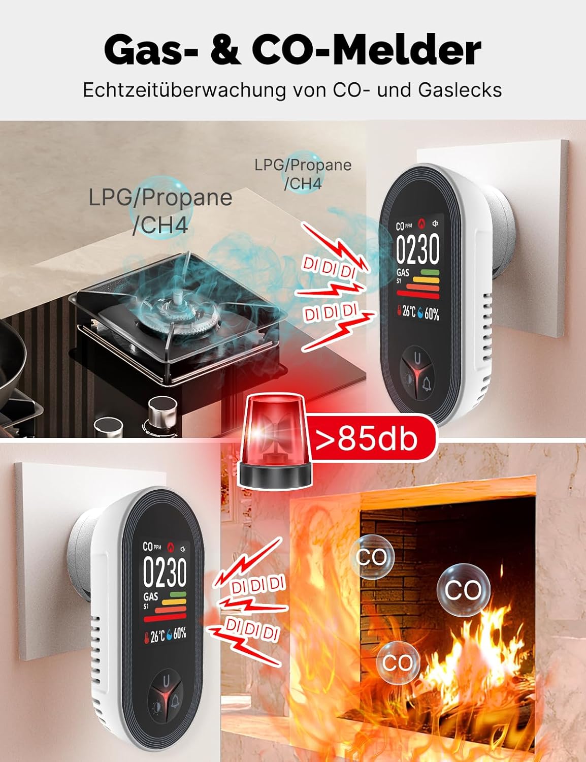 Detalle de MOES 4-in-1 Kohlenmonoxid- und Gasmelder mit Stecker (CO, LPG/Propan, Methan, Ethan) inkl. Temperatur- & Luftfeuchtigkeitssensor
