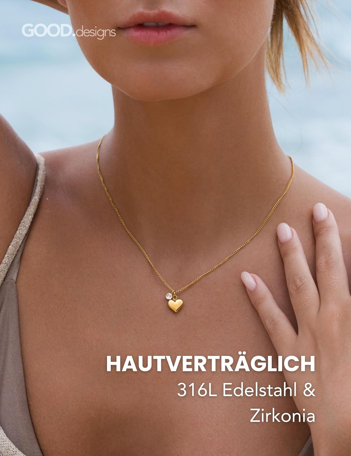 Detalle 2 de GD GOOD.designs Herzkette mit Zirkonia – verstellbare Halskette aus 316L Edelstahl in Silber, 18K Gold oder Roségold