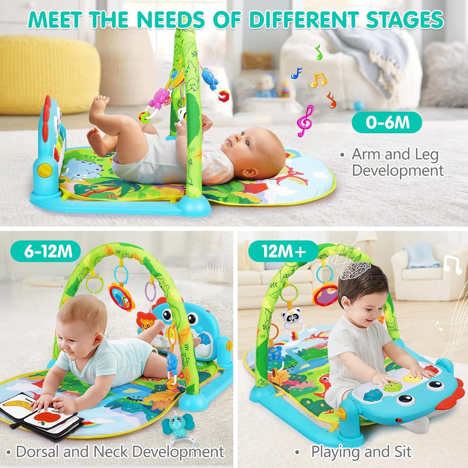 Thumbnail 3 de UMIKU Green Dinosaur Baby Play Mat with Piano, Contrast Books & Hanging Toys
