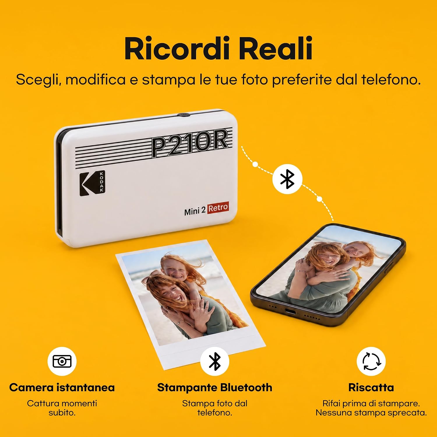 Detalle 2 de KODAK Mini 2 Retro 4PASS: stampante fotografica portatile con carta (5,3x8,6 cm) e pacchetto da 38 fogli, bianco