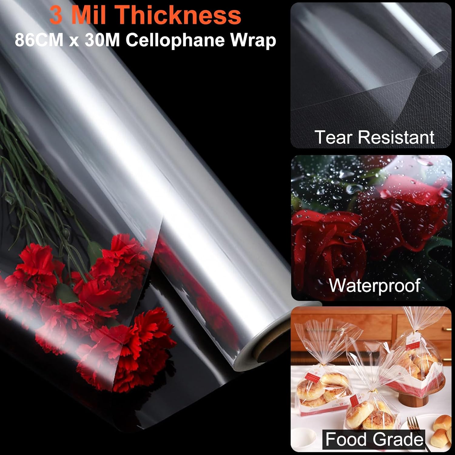 Thumbnail 2 de 86CM x 30M Geschenkfolie Transparent – Klarer Cellophan 3 Mil Dicke