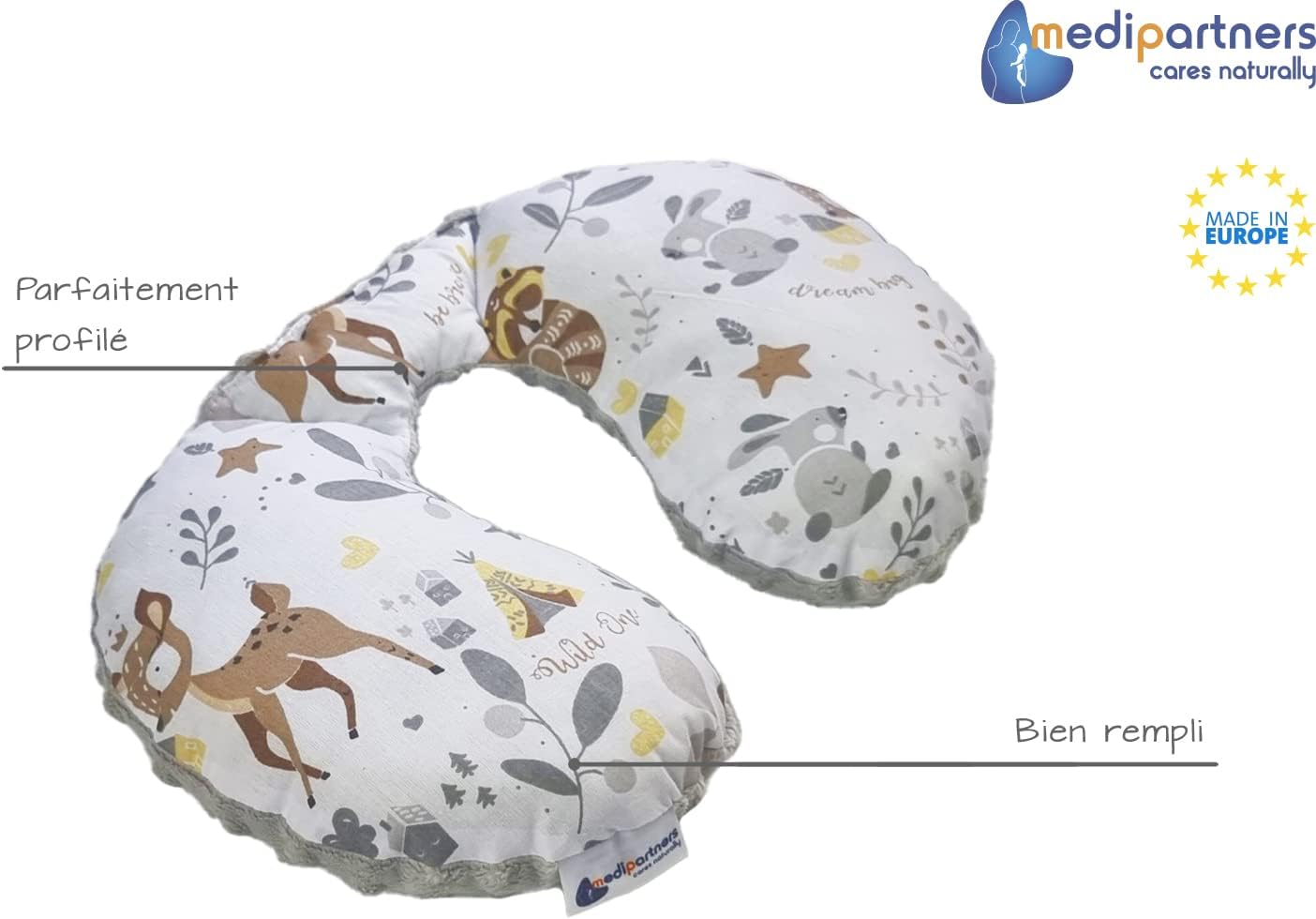 Thumbnail 1 de Medi Partners Coussin Voyage Enfant de Cou pour Bébé - Oreiller Nuque en Coton/Minky (Cerf Gris)