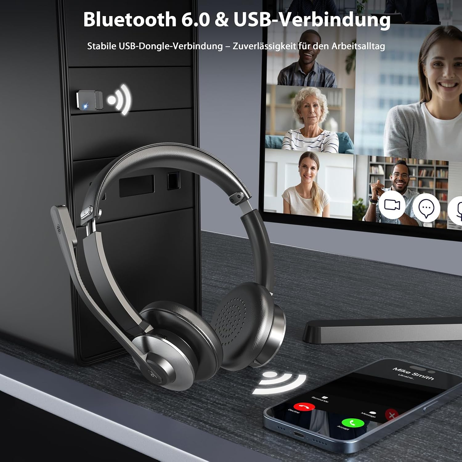 Detalle de Earbay Kabelloser Bluetooth Headset mit Mikrofon, USB-Dongle und Ladebasis – KI-Rauschunterdrückung (Bluetooth 6.0)