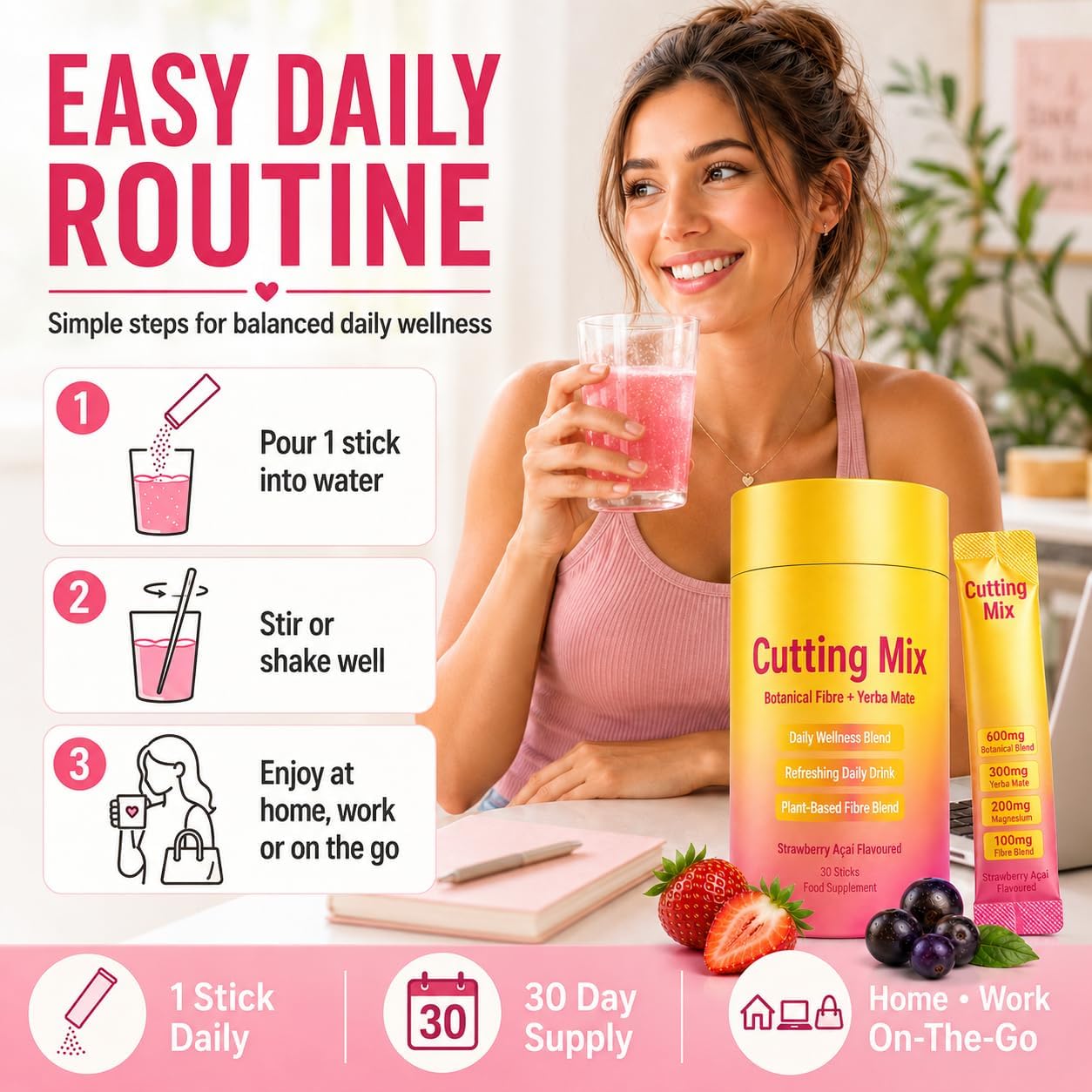 Thumbnail 6 de Cutting Mix Drink: Botanical Fibre & Yerba Mate Blend – Sugar‑Free Strawberry Açaí Flavoured Sticks (30 x 1 Stick)