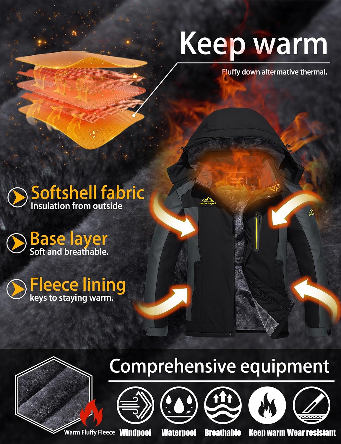 Detalle de TACVASEN Men's Waterproof Fleece-Lined Winter Ski Parka with Multi-Pockets