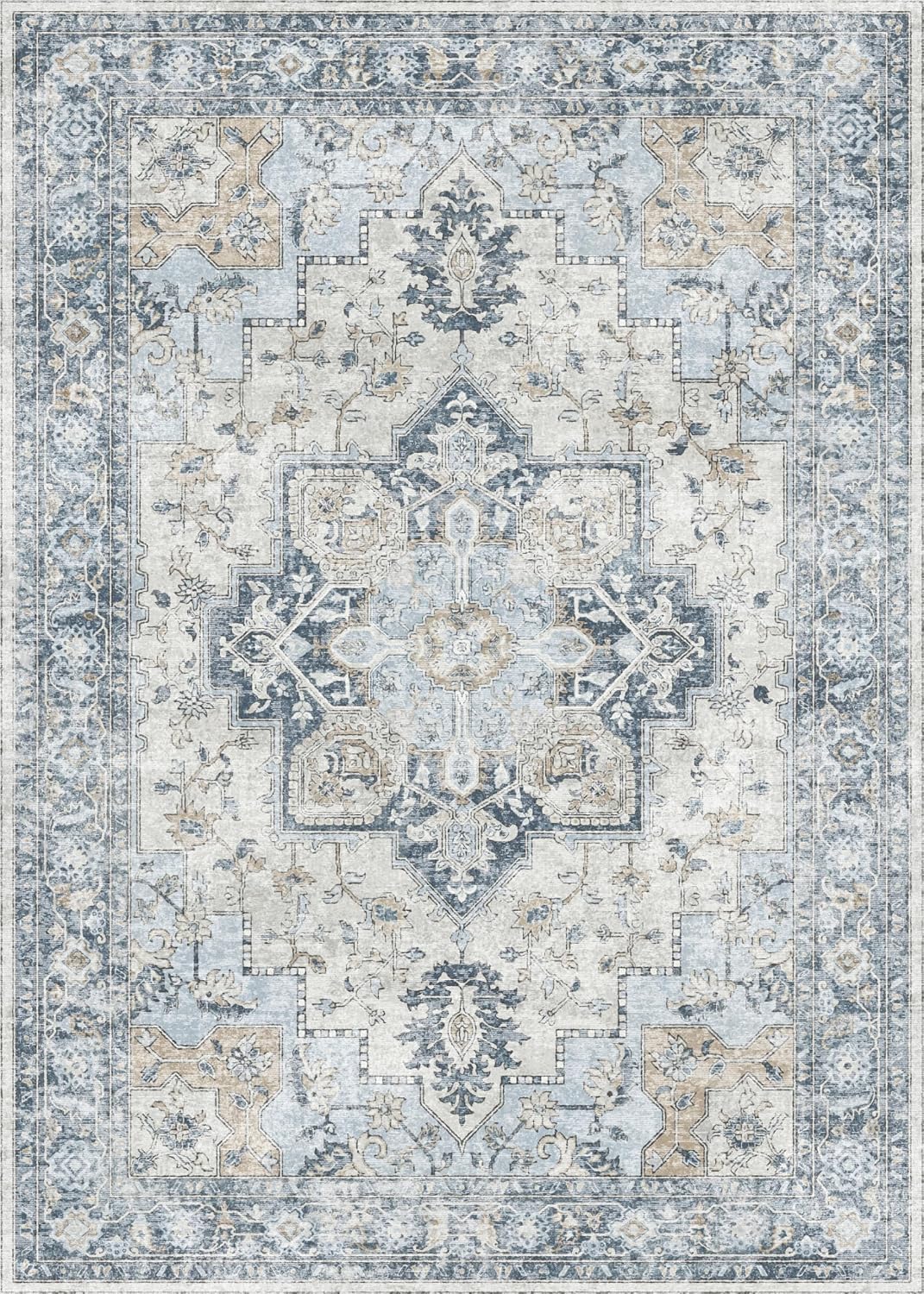 Thumbnail 6 de GENIMO 6x9 Washable Area Rug—Blue Gold Vintage Floral, Non-Slip & Lightweight