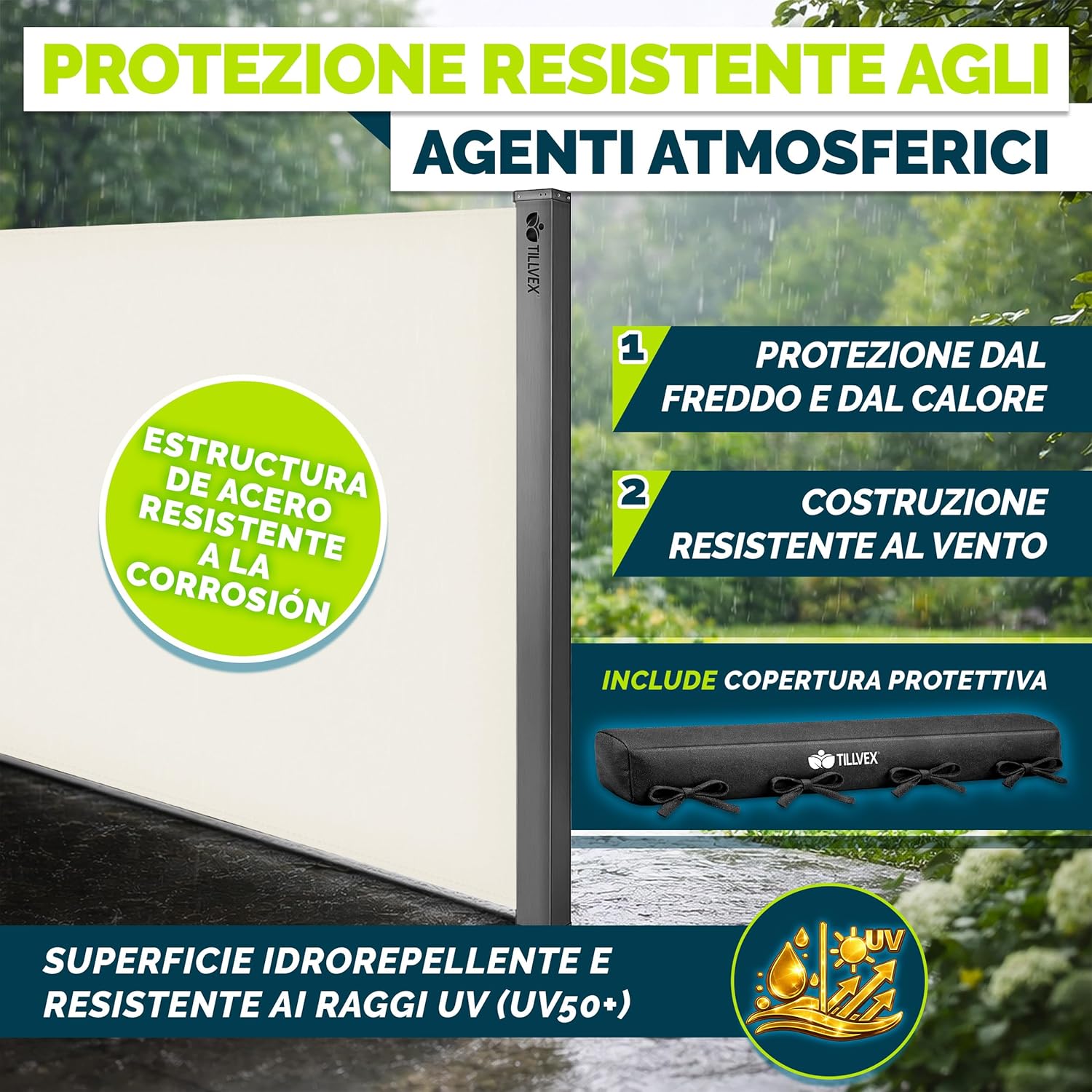 Thumbnail 4 de tillvex Tenda laterale estensibile e oscurante 200 x 400 cm con copertura antipioggia per balcone, giardino e terrazzo