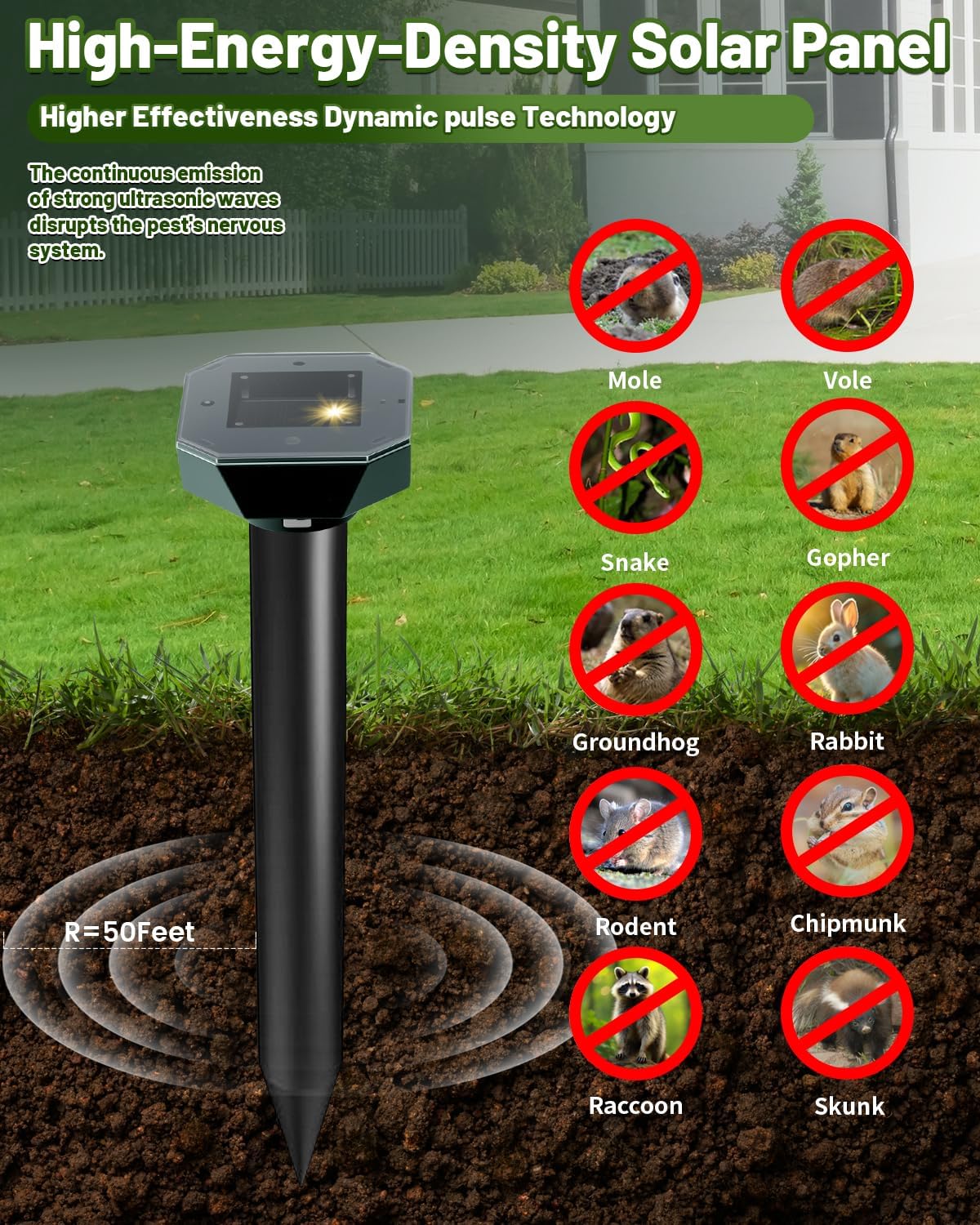 Detalle 2 de Cvtayn Solar-Powered Ultrasonic Pest Repellent Stakes, IP65, 4-Pack