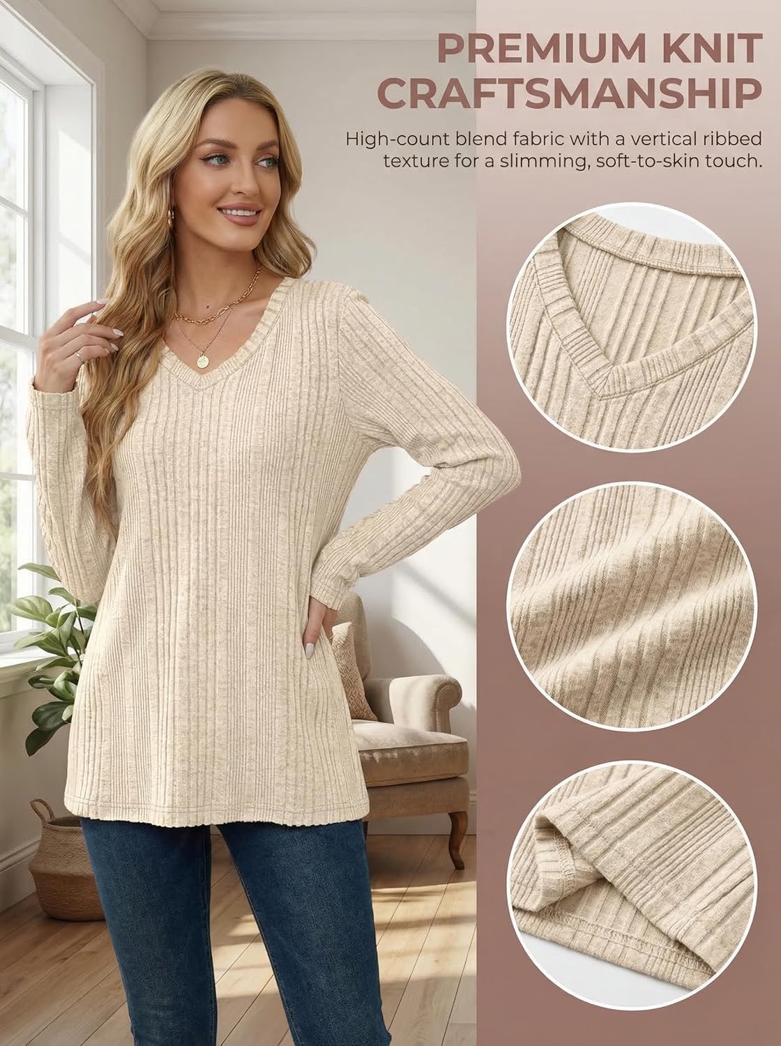 Thumbnail 3 de GLEENOD Pullover Damen V-Ausschnitt Langarm Sweatshirt – Leichtes, einfarbiges Oberteil für Herbst/W Winter