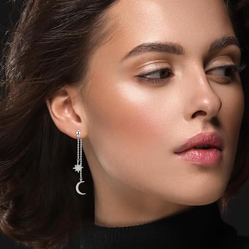 Detalle de Weviway Sterling Silver Moon and Star Drop Earrings with CZ Crystals