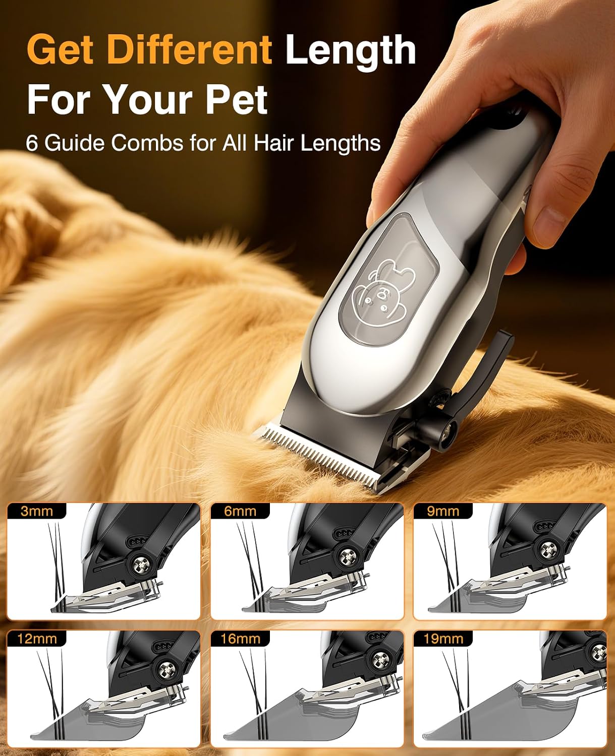 Detalle de IPX7 Waterproof Dog Clippers with 6 Guide Combs and Stainless Steel Blade