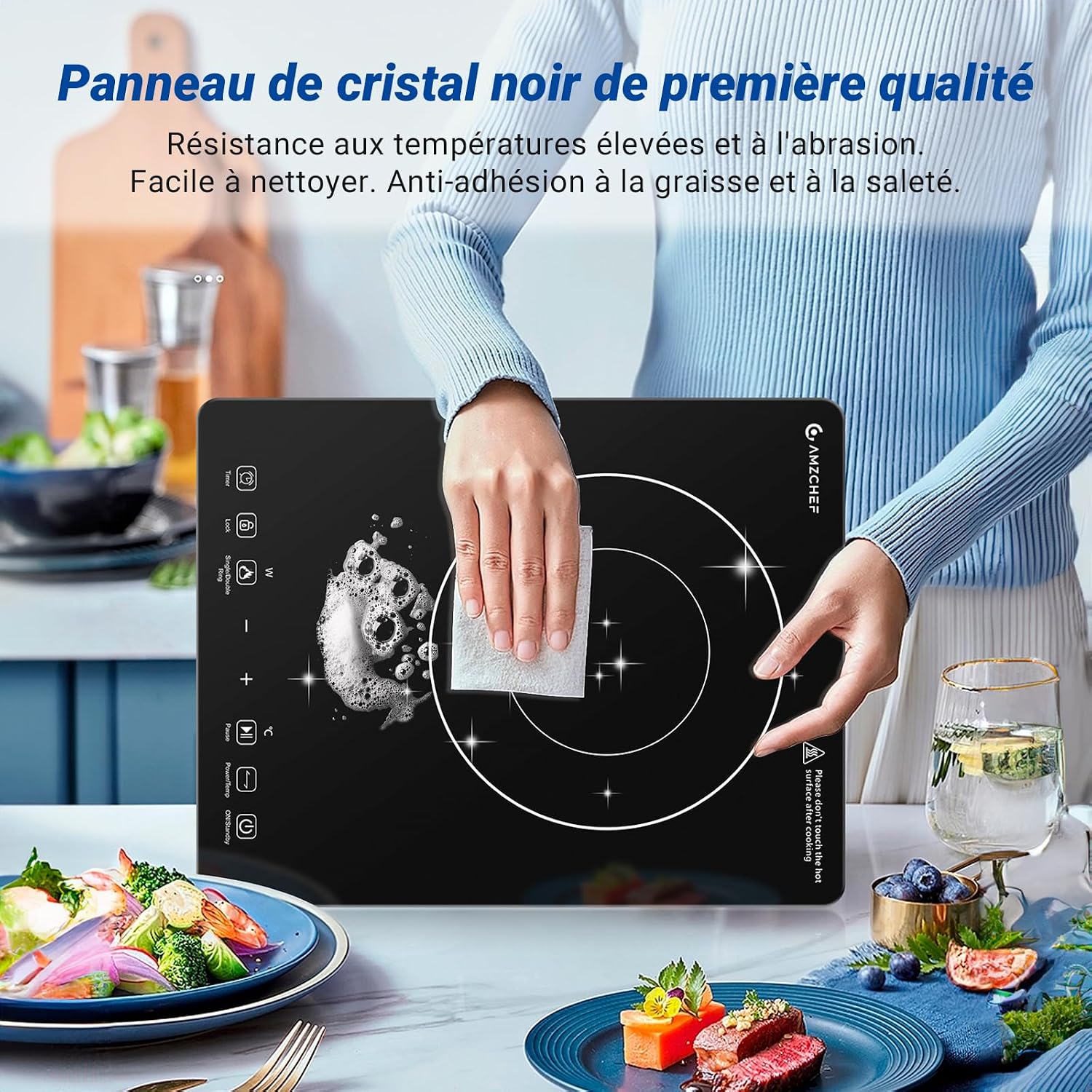 Detalle de AMZCHEF Plaque à Induction 3500W à double anneau — contrôle précis et sécurité renforcée