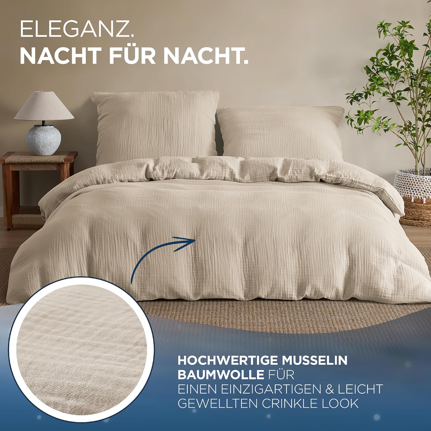 Thumbnail 6 de Samthus Musselin Bettwäsche aus 100% Baumwolle – Oeko-Tex Made in Green, bügelfrei, 135x200 + 80x80, Beige