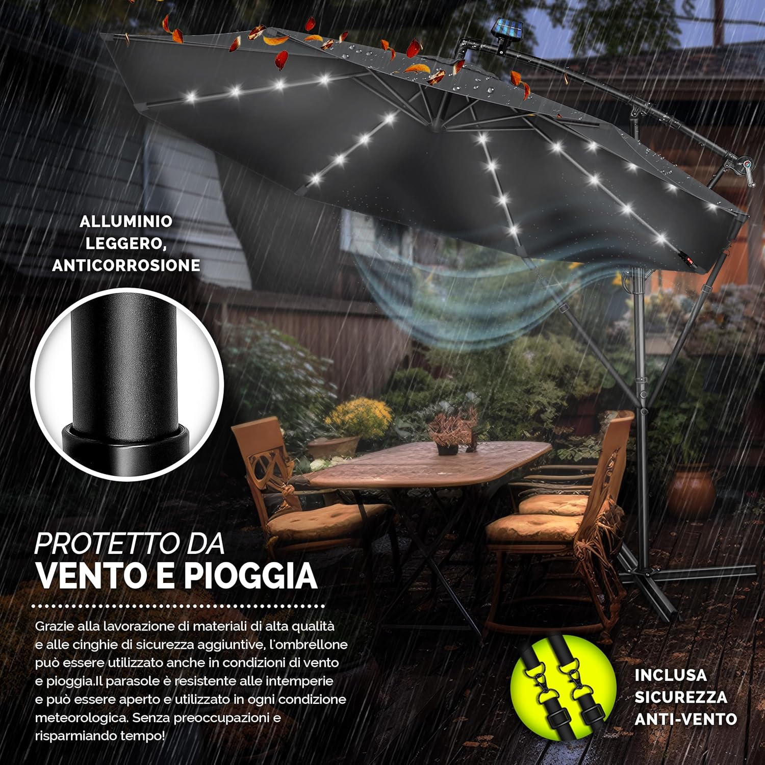 Thumbnail 3 de tillvex Ombrellone da giardino LED solare Ø300 cm con manovella e base