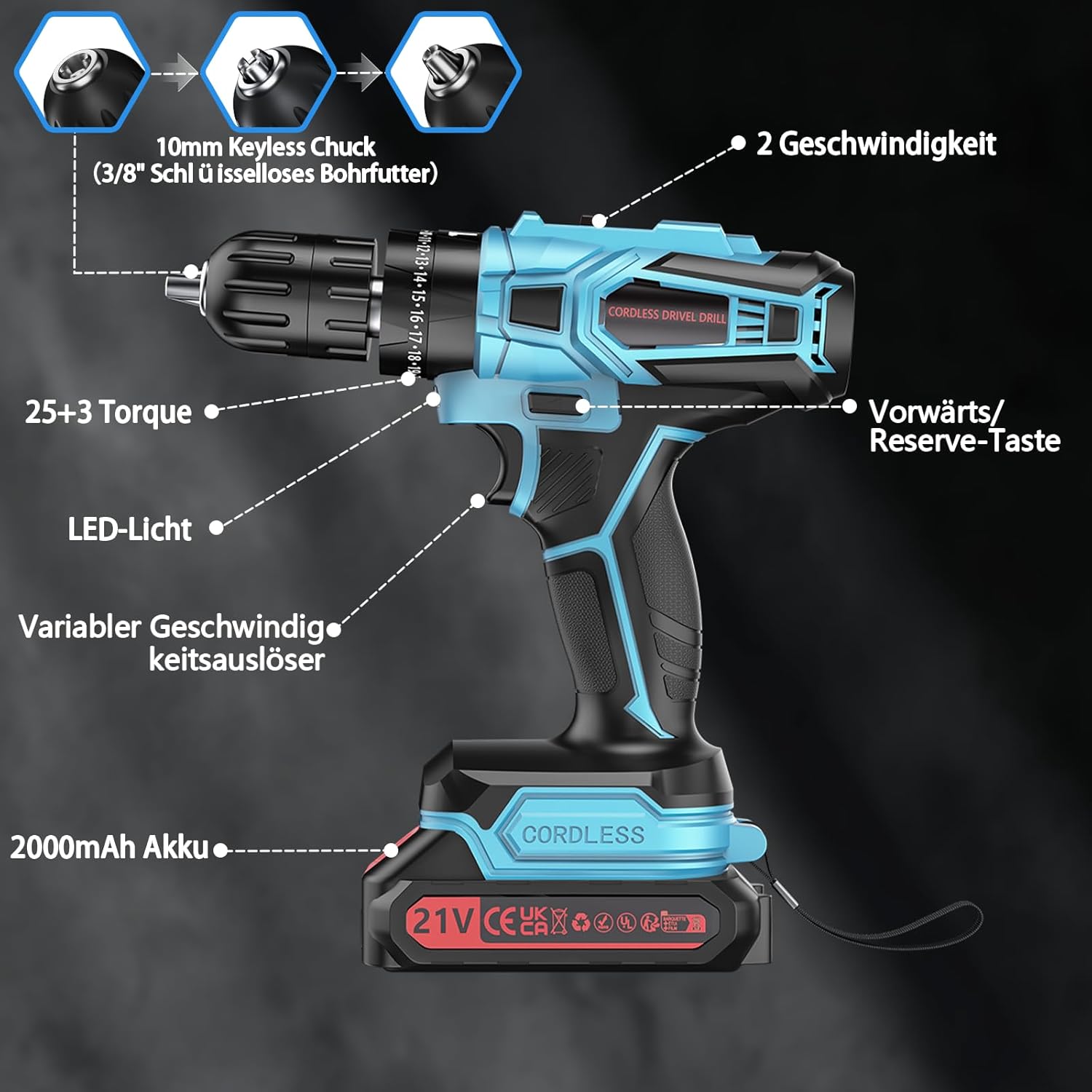 Detalle 2 de ENRIPRT Trapano Avvitatore a Batteria 21V: 45Nm, 2 Batterie 2.0Ah, 25+3 Coppie, 2 Velocità