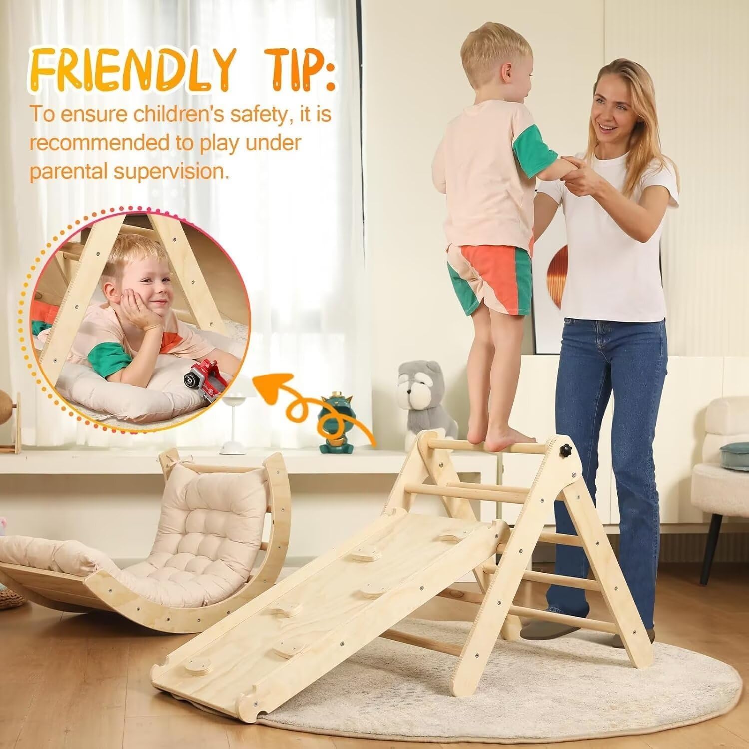 Detalle 2 de Yopnoyik Pikler Triangle Set with Cushion – 7 in 1 Indoor Wooden Climbing Toy for Toddlers