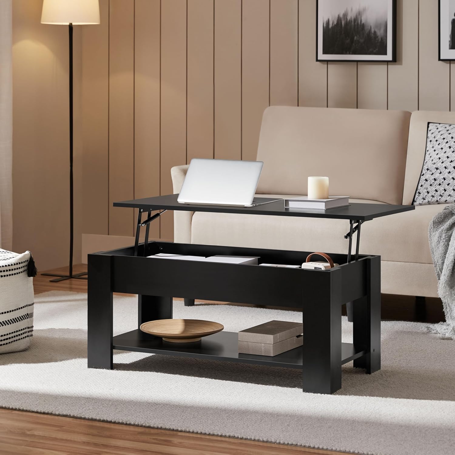 Detalle 2 de Yaheetech Tavolino da caffè sollevabile elevabile per divano con ripiano inferiore 98 x 50 x 42-56 cm nero