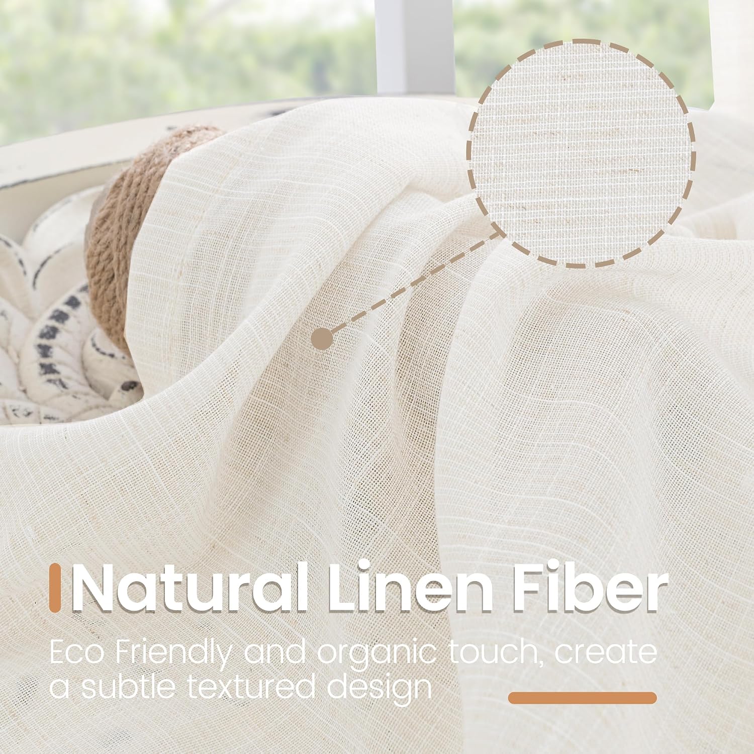 Detalle de BGment Linen Sheer Curtains, 84-Inch 2-Panel Light-Filtering Rod Pocket Set