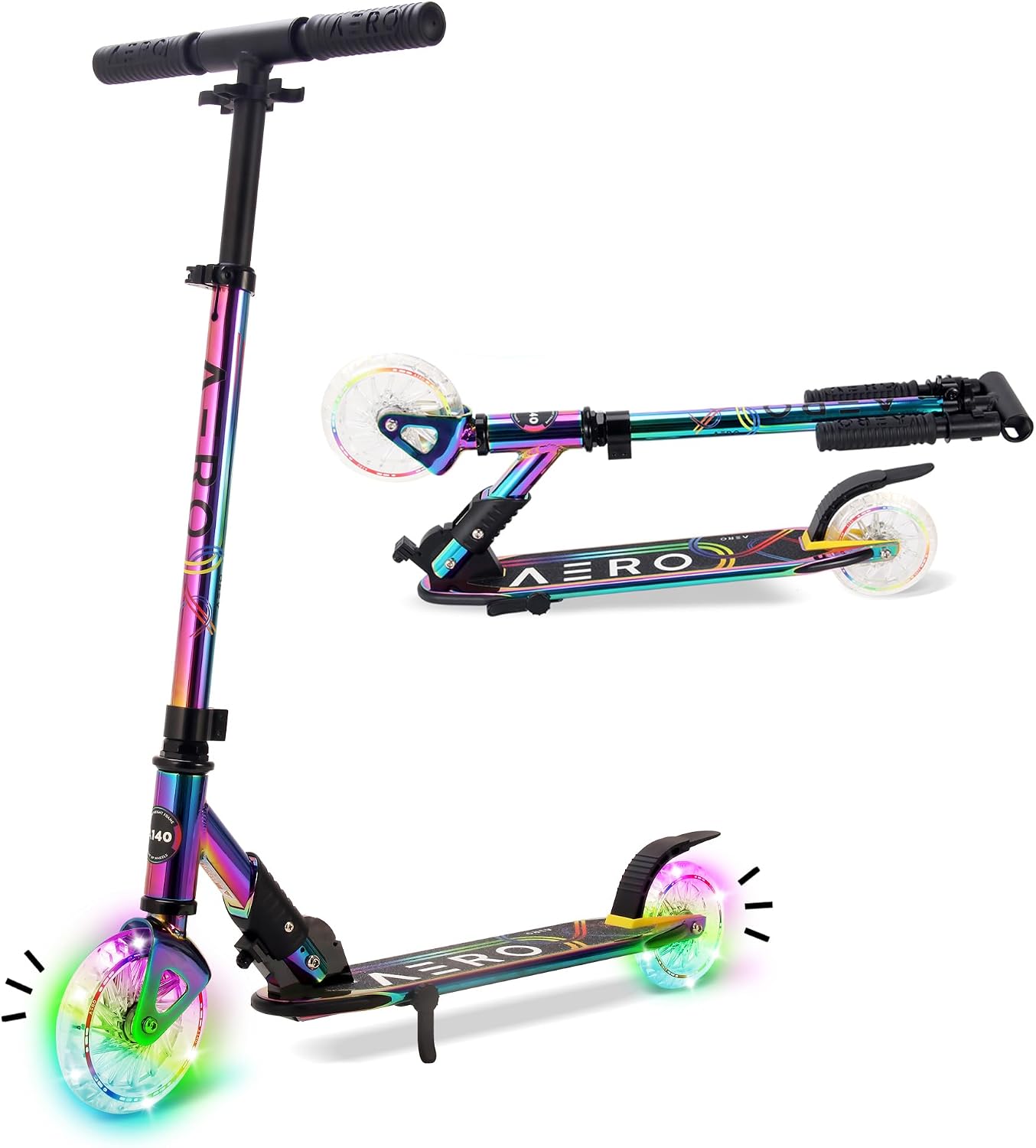 Detalle de Aero Chrome Kids Kick Scooter (Ages 5–8) with Dynamic Lights, Hand Brake & Height-Adjustable Foldable Frame