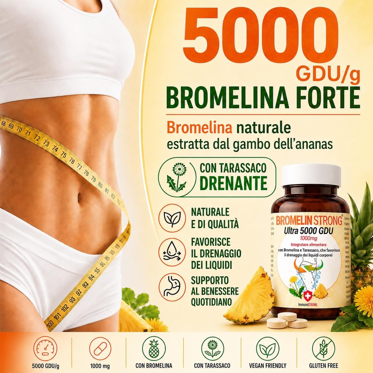 Detalle 2 de Bromelina Forte Drenante 5000 Gdu Purissima con Tarassaco – ImmunoSTRONG, 120 Compresse