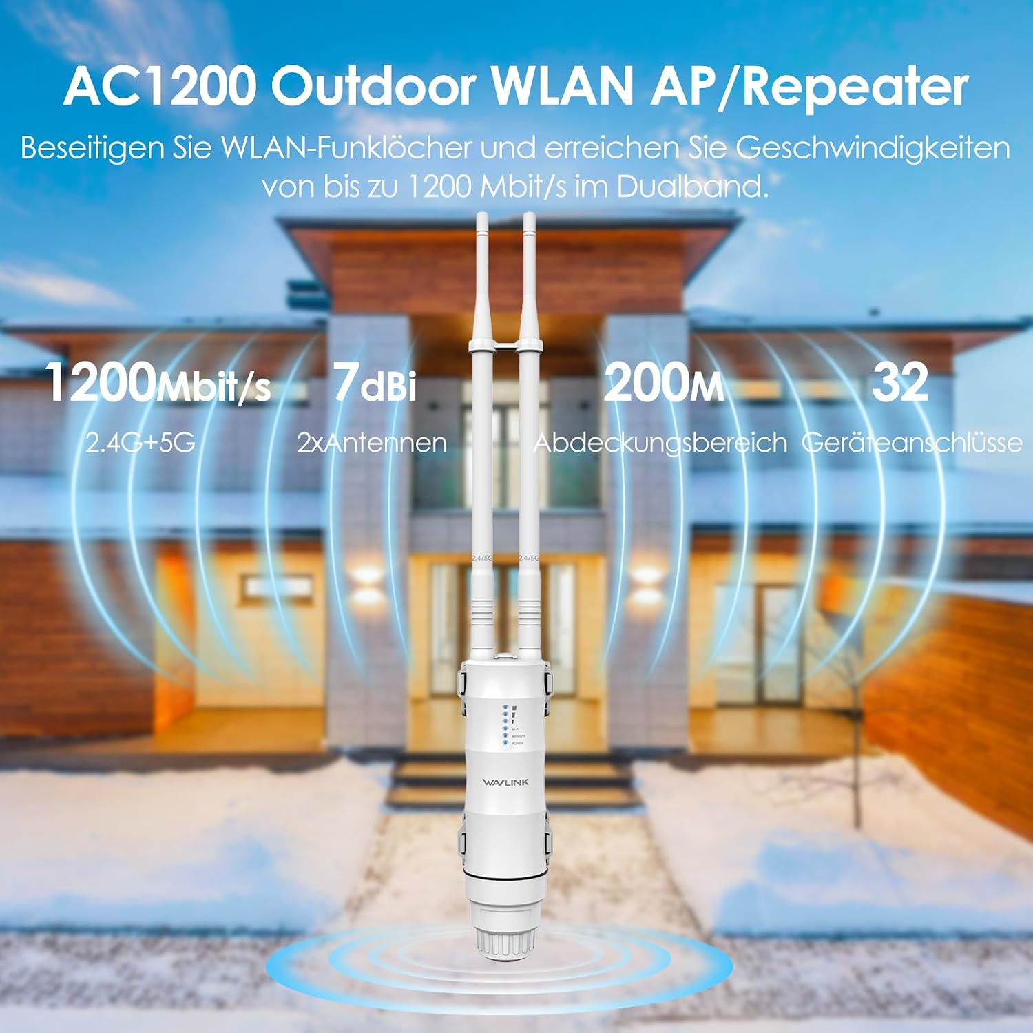 Detalle de WAVLINK AC1200 Outdoor WLAN Repeater – wetterfest, IP67, mit PoE-Unterstützung