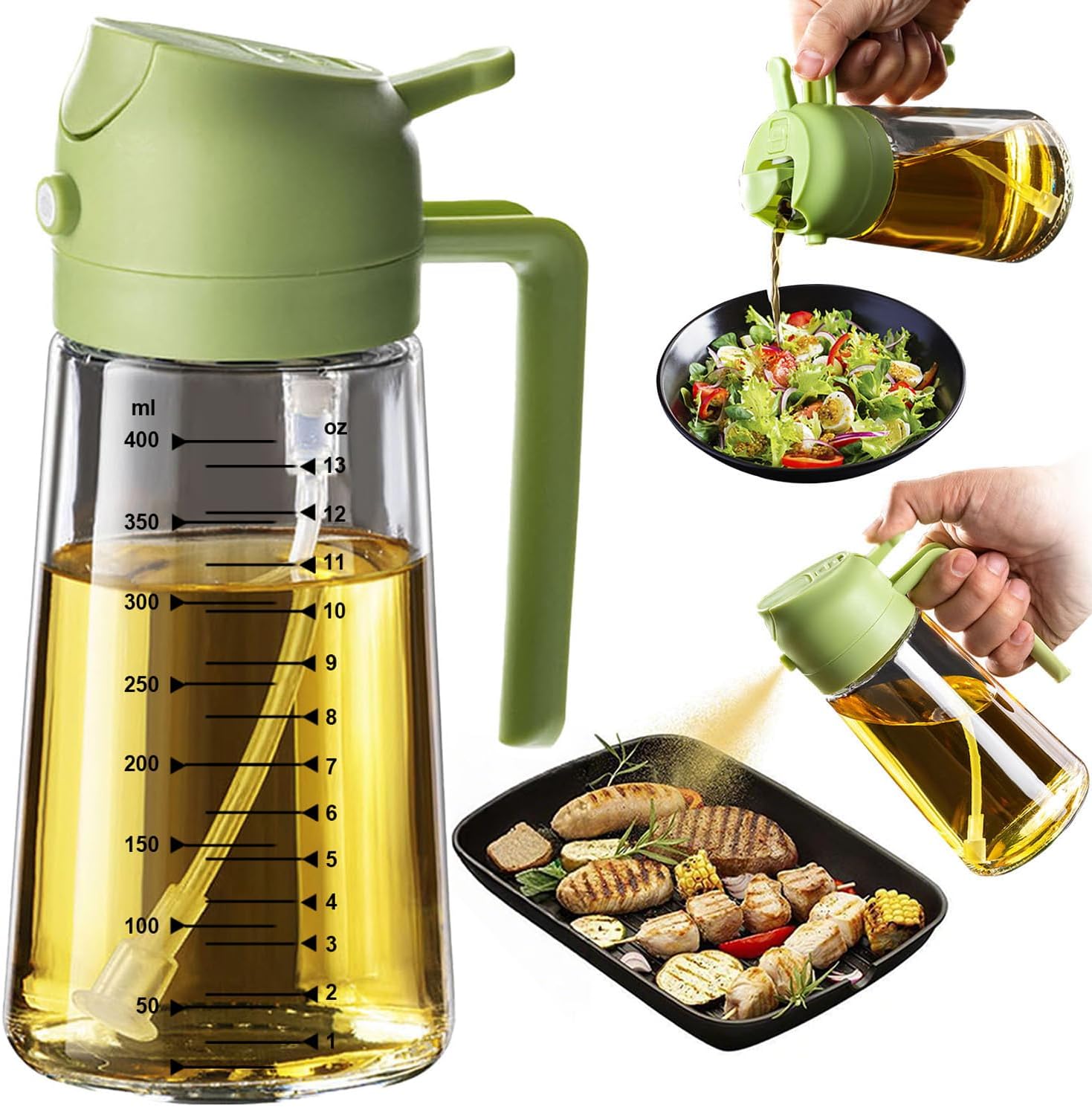 TrendPlain 16oz/470ml Glass Olive Oil Sprayer for Cooking (2-in-1 Spray & Pour) — Green