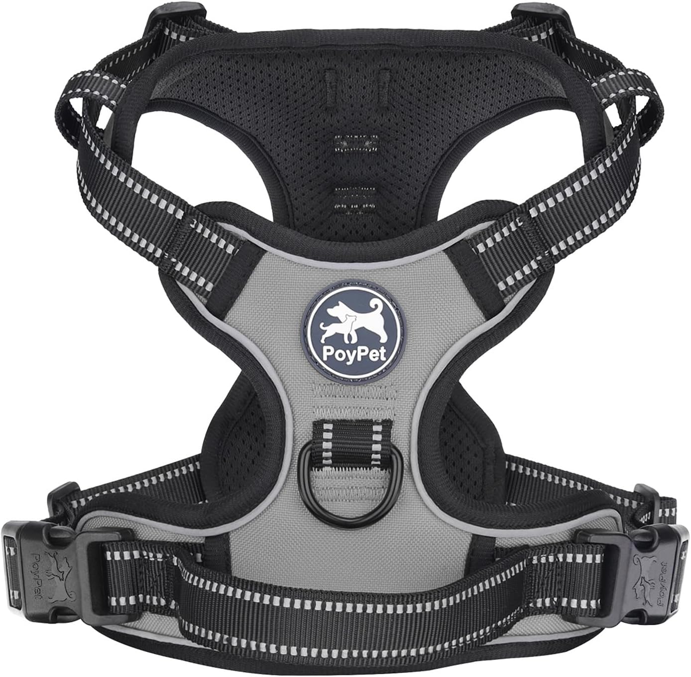 Detalle de PoyPet No Pull Dog Harness (Reflective Vest) with 2 Leash Attachments and Easy Control Handle, Grey