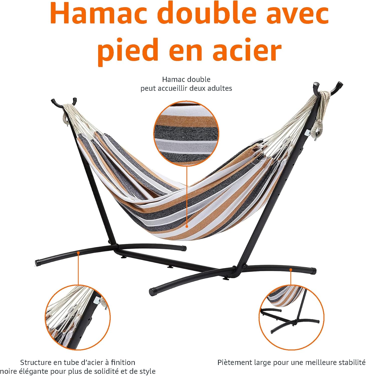 Detalle de Amazon Basics Hamac en tissu avec support – Multicolore, 300 x 117 cm