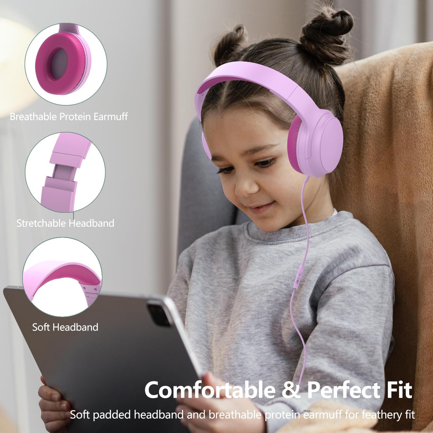 Thumbnail 3 de Usoun Kids Headphones: Wired Over-Ear with 85/94dB Volume Limiter (Pink)