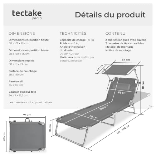 Detalle de tectake Lot de 2 chaises longues pliables 190x68x111 cm – réglables 4 positions, pare-soleil et appui-tête (gris)