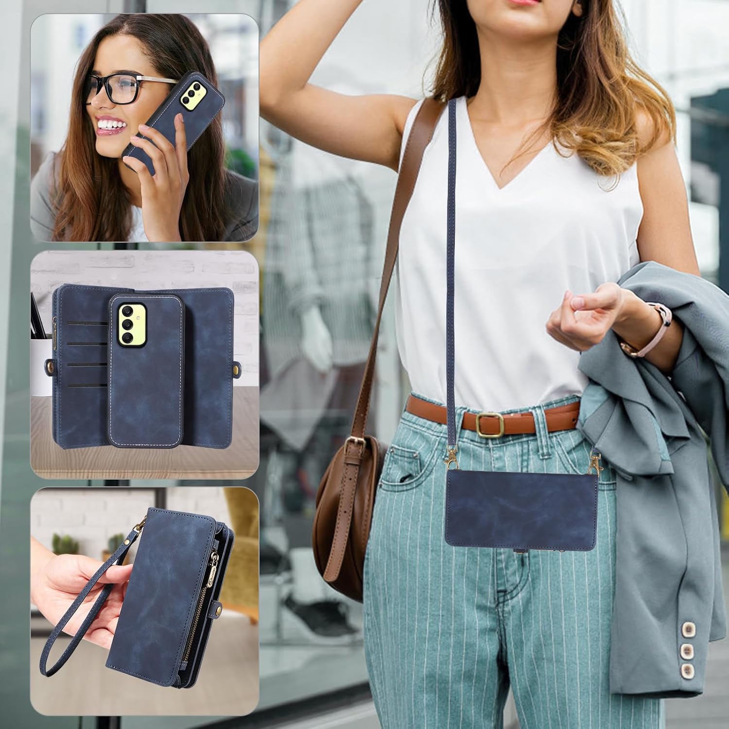 Thumbnail 6 de Asuwish Wallet Case with Detachable Straps and Tempered Glass for Samsung Galaxy A25 5G (A25/A24/M34/F34) – Blue