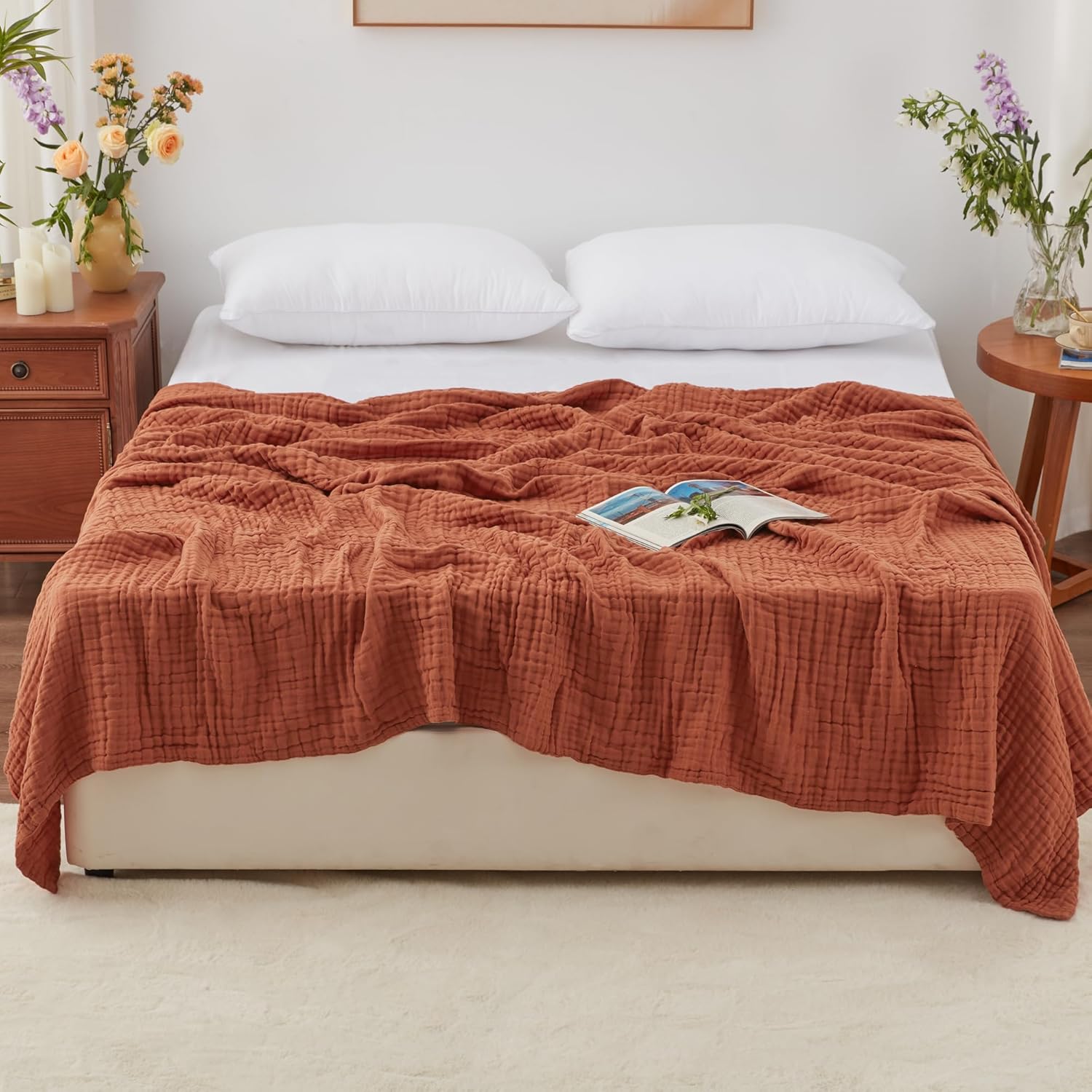 Thumbnail 1 de Love’s Cabin 100% Cotton Muslin Blanket (6-Layer Gauze), King Size 108 x 90 Inches, Orange