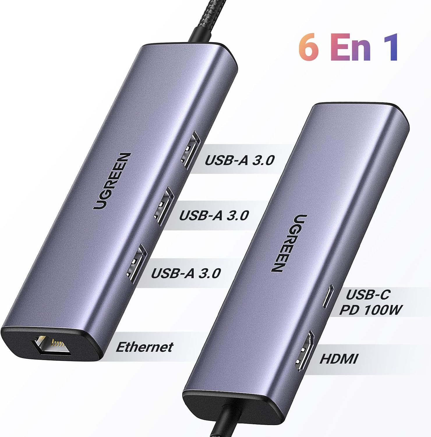 Thumbnail 1 de UGREEN Revodok 1061 Hub USB C 6 en 1 – Ethernet Gigabit, HDMI 4K, PD 100W et 3 USB 3.0