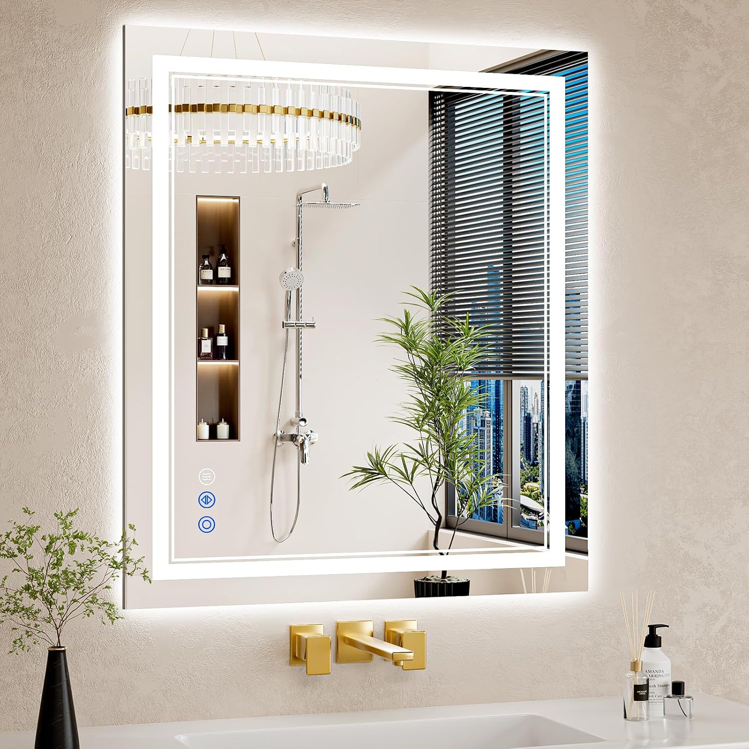 Detalle de WISSMIELS 28x32 LED Backlit Front-Lit Vanity Mirror with Anti-Fog