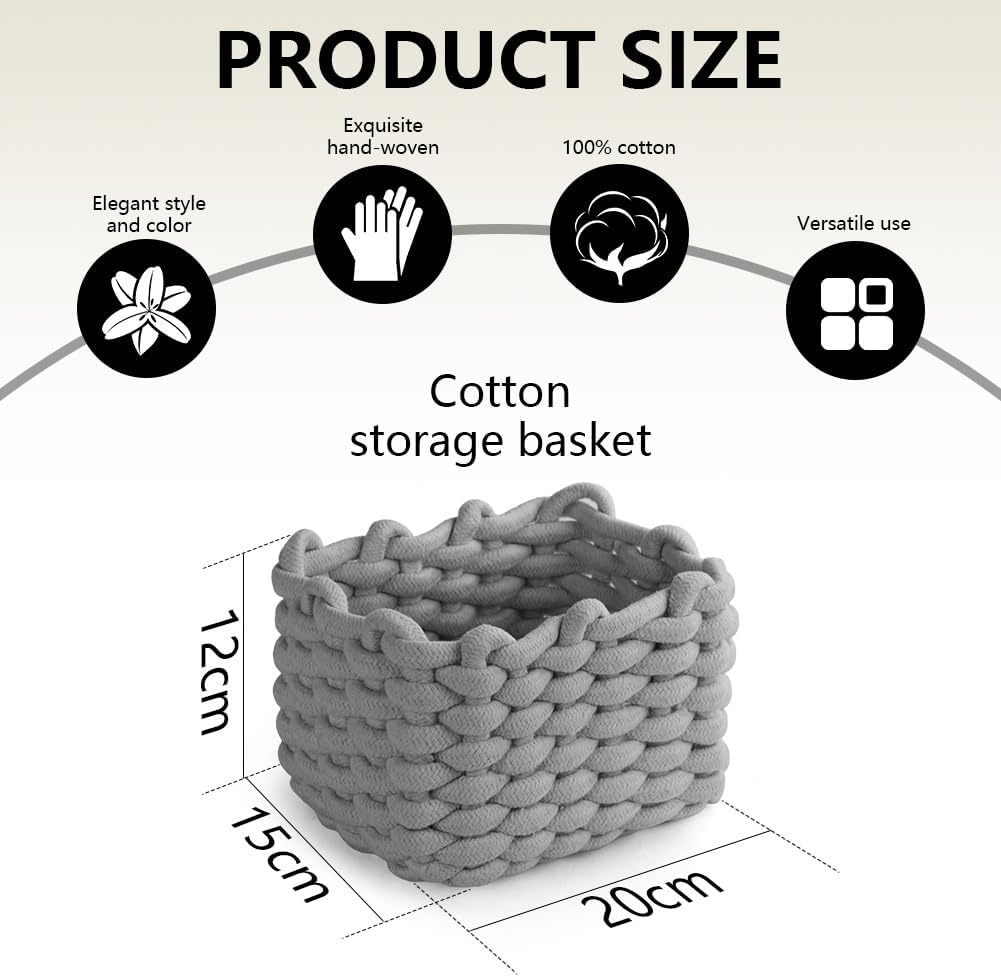 Detalle de Aolso Panier Rangement, 2 Panier en Corde de Coton Gris – Rangement Élégant pour Salle de Bain et Plus