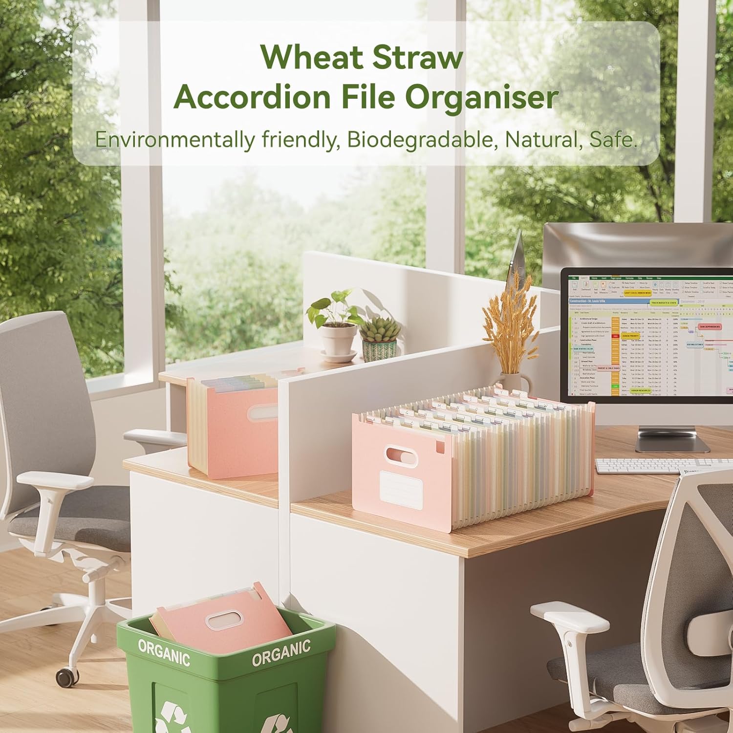 Detalle de EcoStash 26-Pocket A4 Wheat Straw Accordion File Organiser (Open Top) – BPA Free, Strawberry Pink