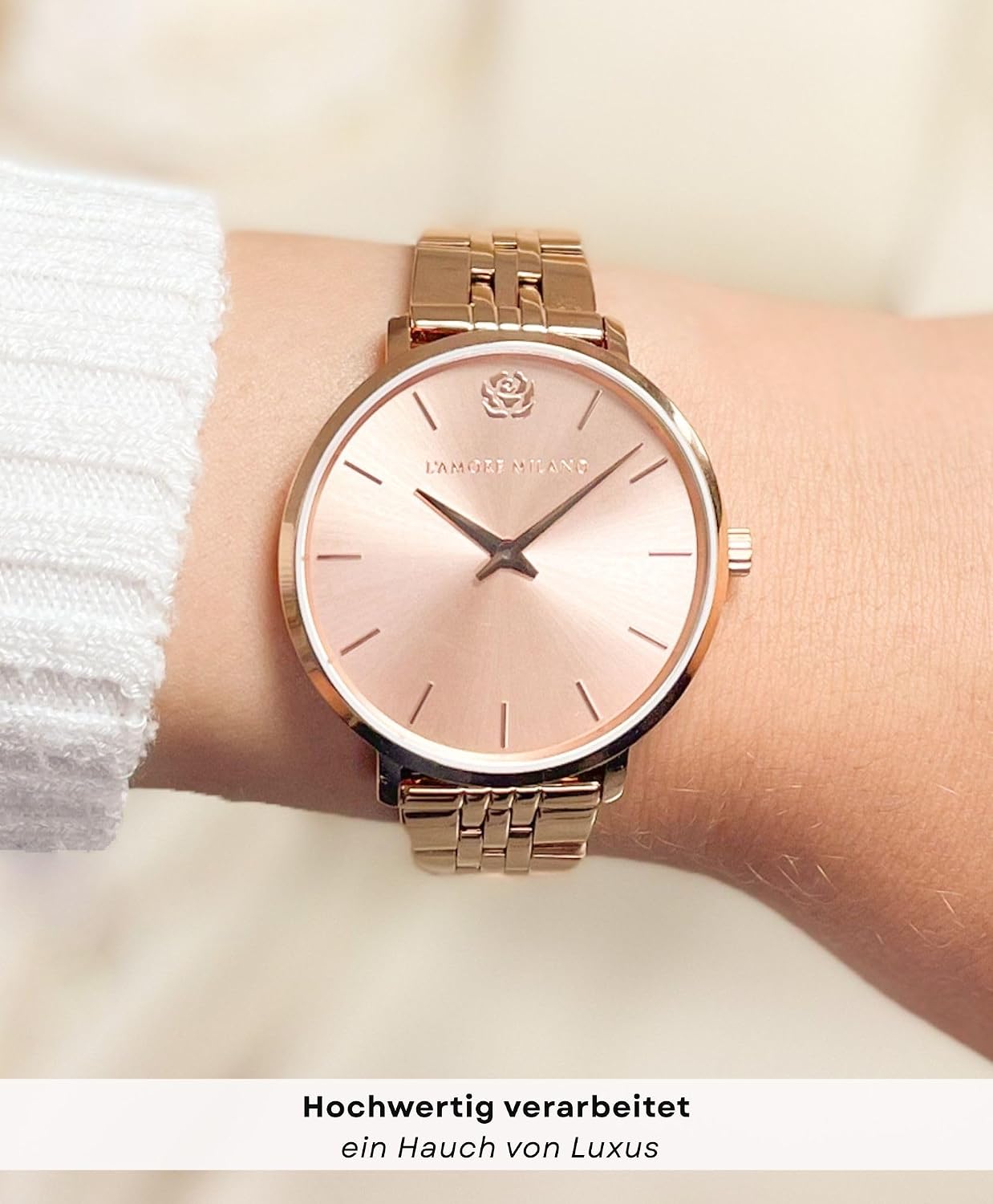 Detalle 2 de L'AMORE MILANO Damenuhr Rosenbox – Hochwertige Edelstahl-Armbanduhr im eckigen Design, 36 mm, 5 ATM, Roségold