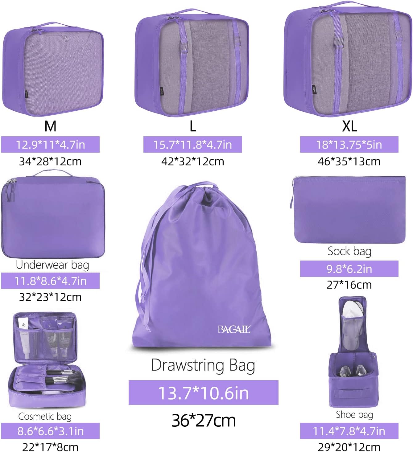 Detalle 2 de BAGAIL 8-teiliges Packwürfel-Set – Kofferorganizer aus Nylon mit Mesh, inkl. Unterwäsche-, Kultur- und Schuhtasche