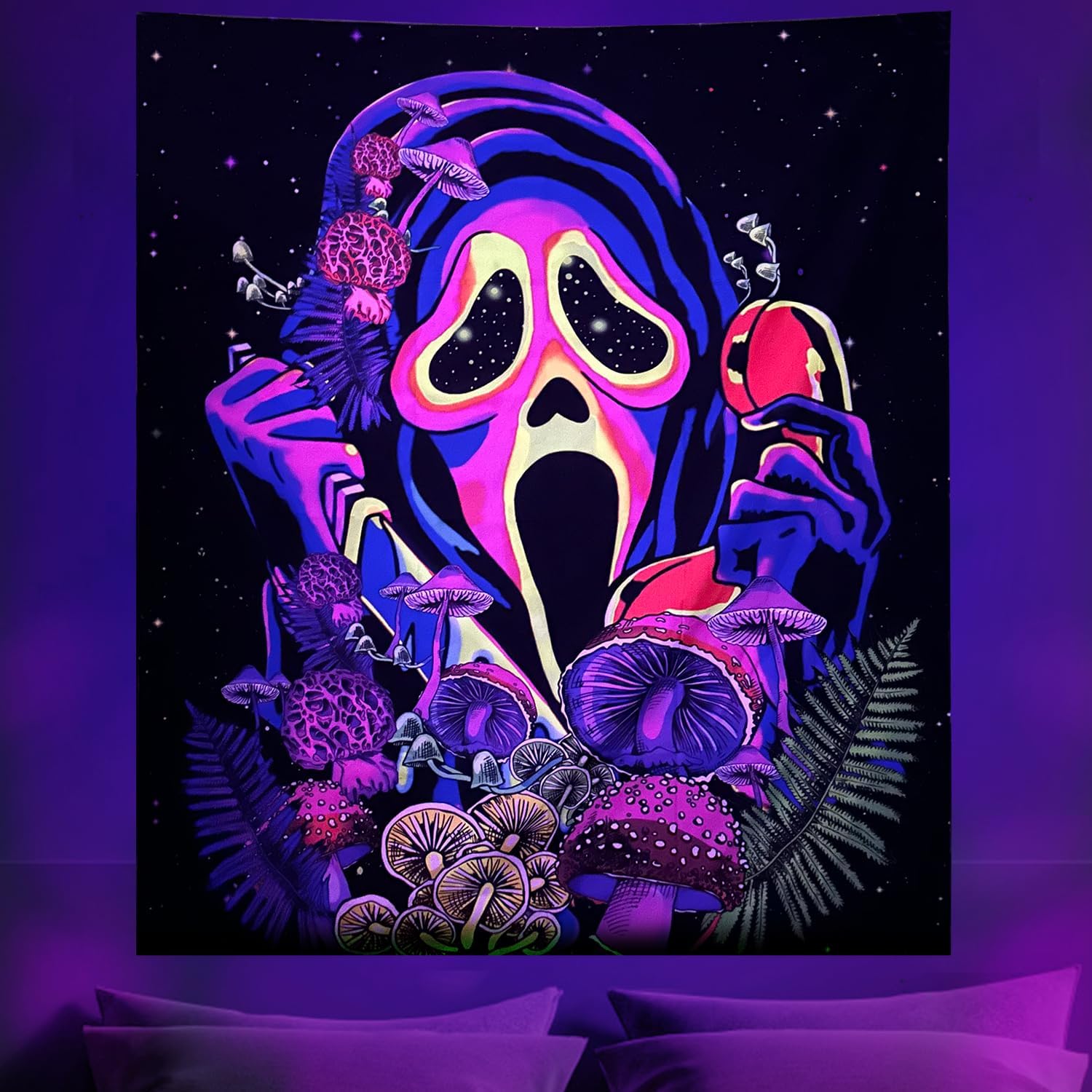 Detalle de Cyiecw wandtapijt 150 x 130 cm met UV-reactieve paddenstoelenprint