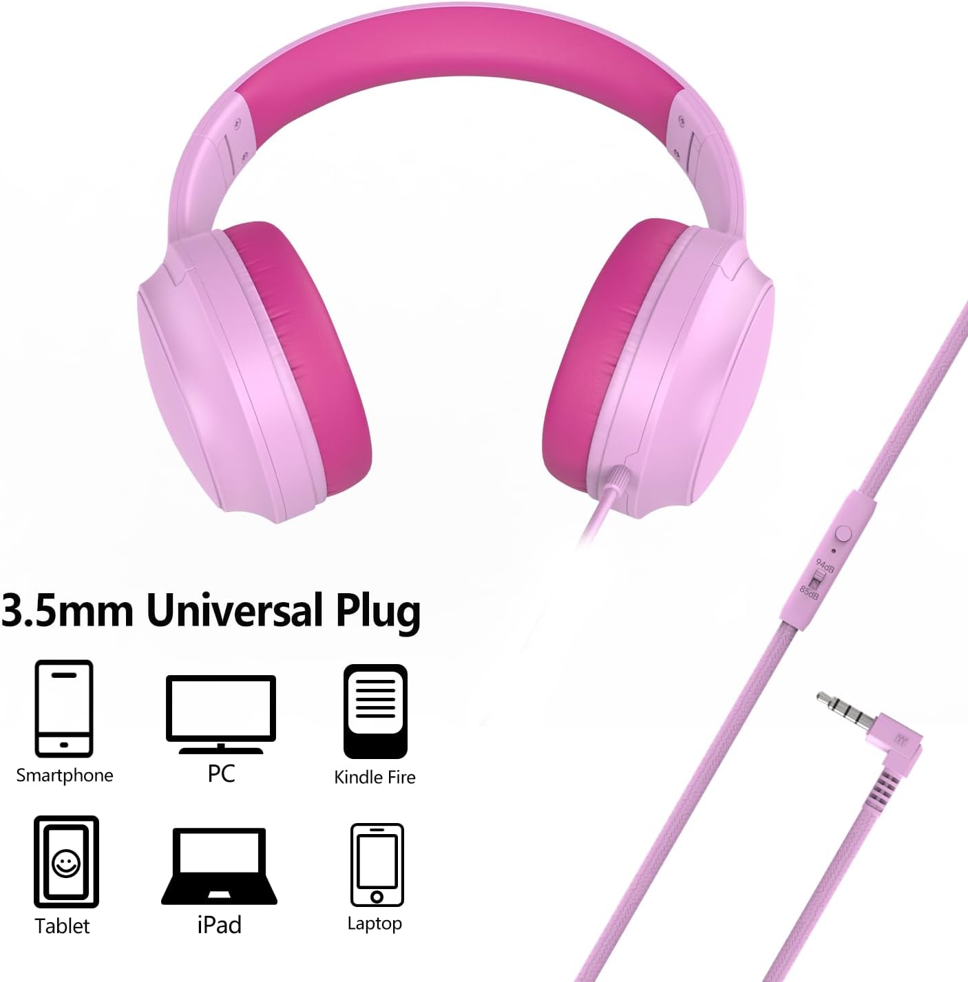 Thumbnail 2 de Usoun Kids Headphones: Wired Over-Ear with 85/94dB Volume Limiter (Pink)