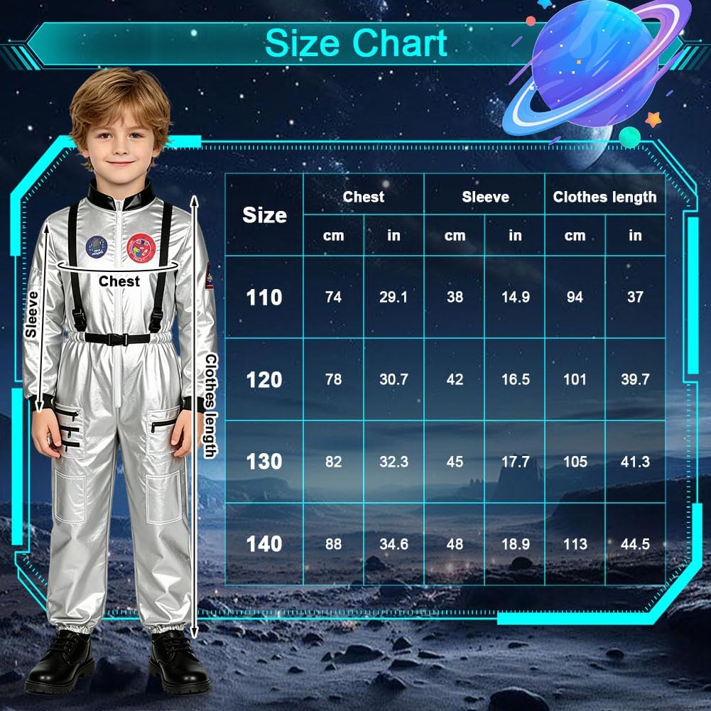 Detalle 2 de AUYAO astronautenkostuum voor kinderen met zilveren overall en ritssluiting