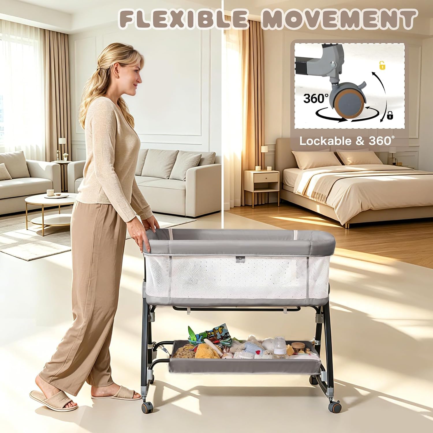 Detalle de feelogos BB-858 Bedside Bassinet with Adjustable Height and Breathable Mesh