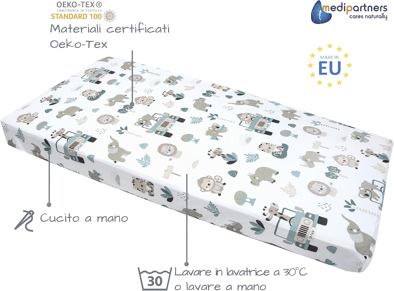 Thumbnail 1 de Medi Partners lenzuola lettino neonato 60x120 in 100% cotone con angoli e elastico cucito (Zoo di Menta)