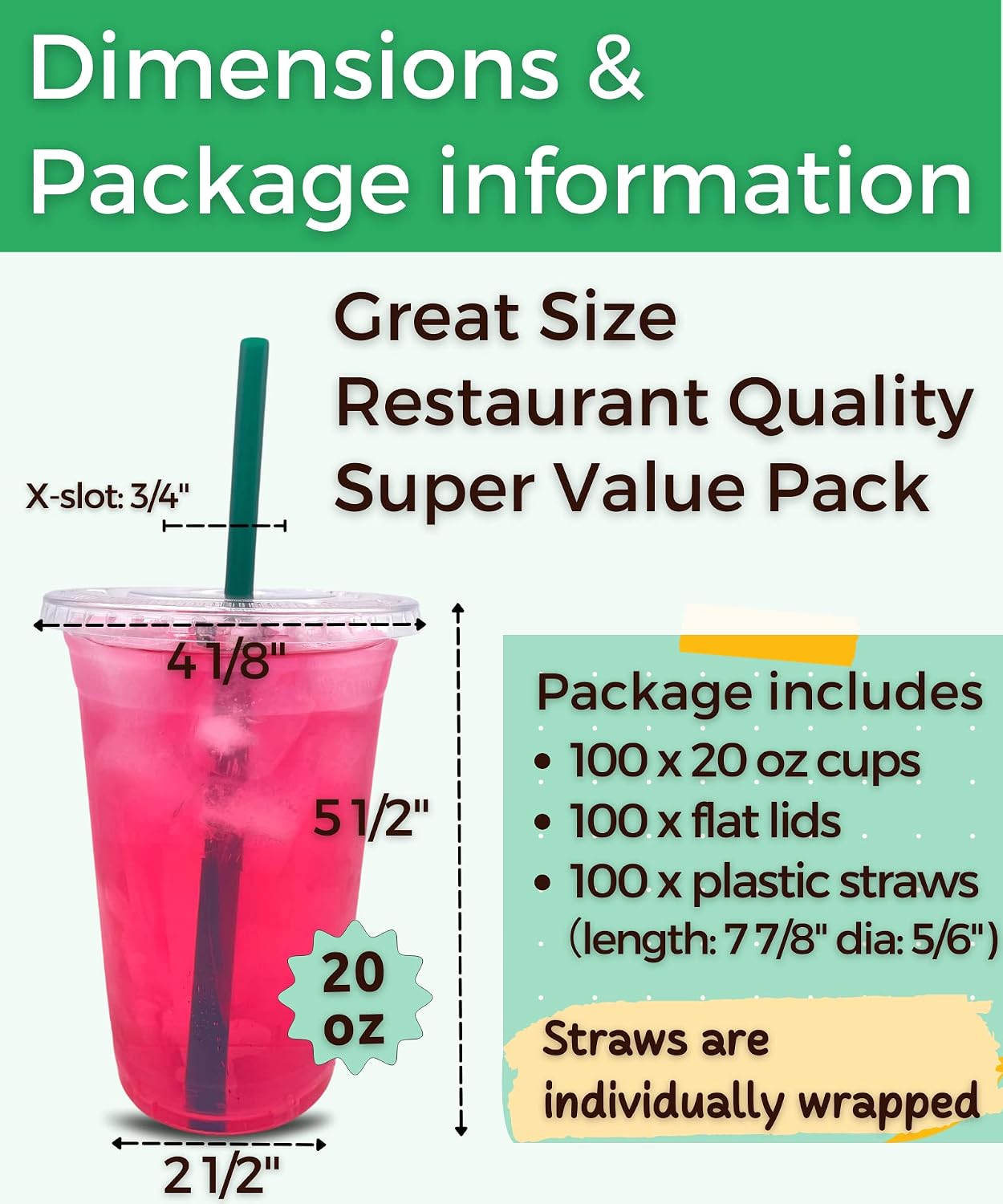 Thumbnail 1 de [100 Sets] 20 oz Clear Plastic Cups with Lids and Straws – Disposable for To-Go Drinks